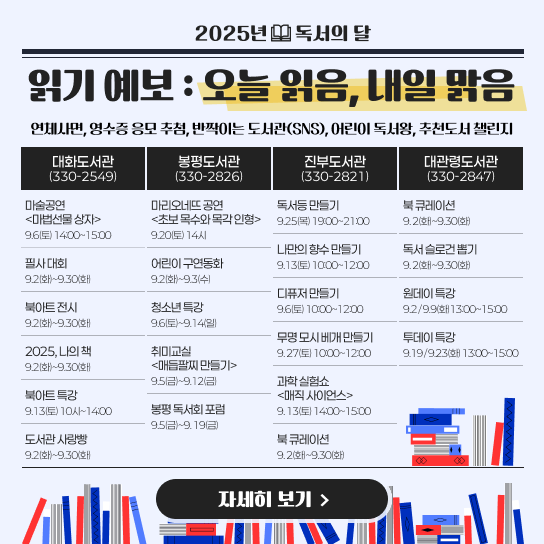 2025년 독서의 달 (9.1. ~ 9.30.) “읽기 예보: 오늘 읽음, 내일 맑음” 행사일정